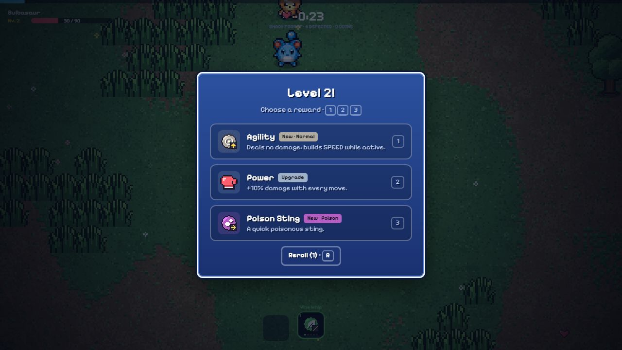 PokeSurvivor level-up screen with Agility, Power and Poison Sting choices